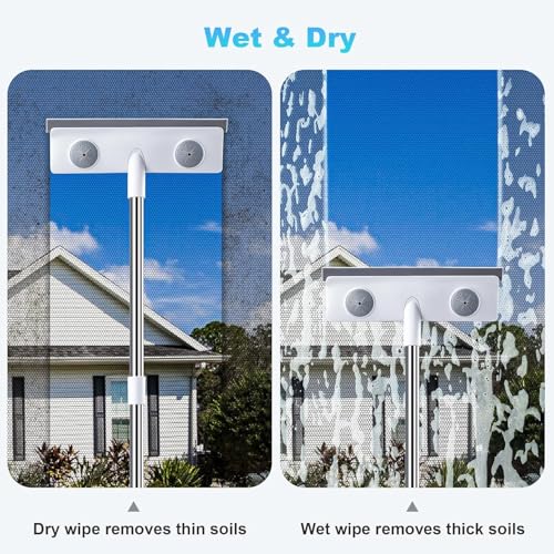 IMHO Mesh Screen Cleaner, Glass Wiper, Dust Paper Clip，3 in 1 Wet and Dry Screen Cleaner with Long Handle Wiper for Shower, Glass, Floor, Tile Walls, Car Windshield, White - style: Three-in-one window cleaner