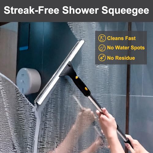 14" Window Cleaning Tool, All-Purpose Extendable Window Squeegee with 2 Blades and Stainless Steel Pole, Shower Squeegee for Glass Doors,Shower Doors, Windows, Bathroom and Car Windshields