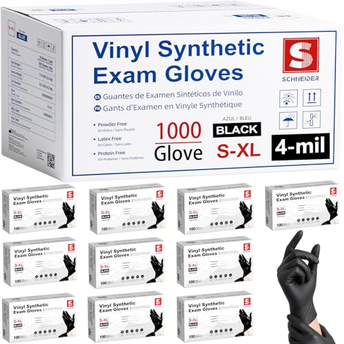 Schneider Vinyl Synthetic Exam Gloves, 4 Mil, Latex Free Disposable Gloves for Medical, Cooking, Cleaning, and Food Prep - color: 05 Black(small 1000)