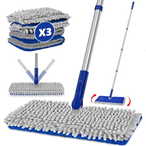 2-Sided Microfiber Dust Mop for Hardwood Floors & Walls | Flat Flip Head, Wet Dry Use, 3 Chenille & Microfiber Pads, 58" Handle, 360° Swivel, Sweep Pet Hair, Tile, Laminate, Kitchen - size: 15" Mop-B