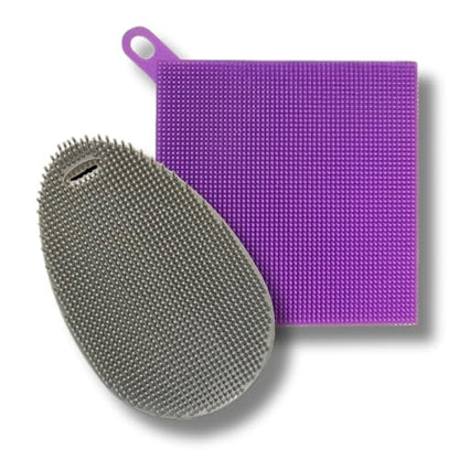 Silicone Dish Sponge Dish Scrubber (Oval and Square) - Dual-Sided, Food Grade Silicone Sponges for Dishes and Housecleaning 2-Pack - color: 2 Pack Grey + Purple