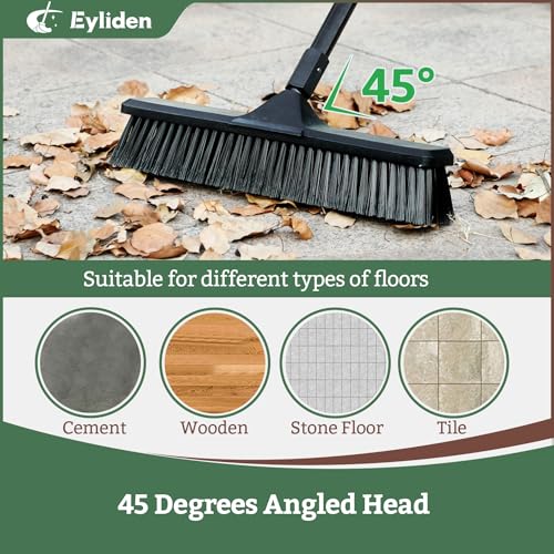 Eyliden 18" Push Broom for Deck Driveway Patio Garage | Heavy-Duty Stiff Bristles Sweeper with 66" Adjustable Handle | Outdoor Concrete Sidewalk Yard Snow Cleaning Tool, Black