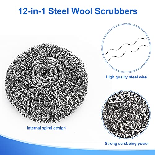 12Pack Upgraded Steel Wool Scrubbers - Premium Stainless Steel Scrubber, Metal Scouring Pads, Steel Wool Pads, Kitchen Cleaner, Heavy Duty Cleaning Supplies - Especially for Tough Cleaning
