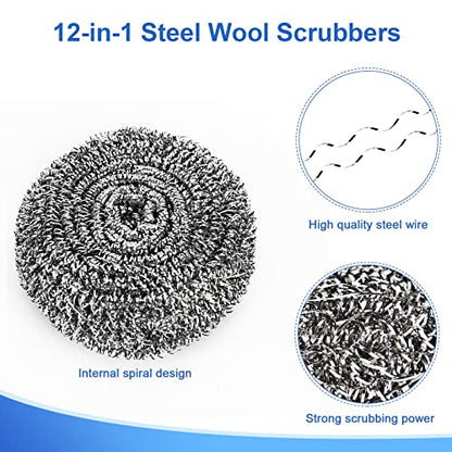 12Pack Upgraded Steel Wool Scrubbers - Premium Stainless Steel Scrubber, Metal Scouring Pads, Steel Wool Pads, Kitchen Cleaner, Heavy Duty Cleaning Supplies - Especially for Tough Cleaning
