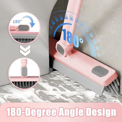 Floor Scrub Brush With Squeegee, Grout Brush With Telescopic Long Handle, V-Shape Floor Scrubber With Scrape Stiff Bristle for Shower Tile Grout Cleaning, Kitchen Bathroom Baseboard Deck Tool