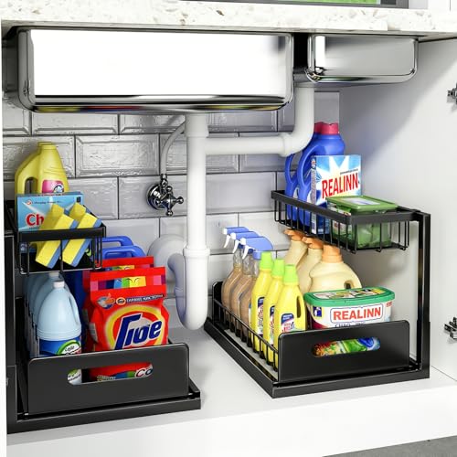 REALINN Under Sink Organizer, L-Shaped 2 Tier Pull Out Cabinet Organizer for Kitchen and Bathroom, Slide Out Under Cabinet Storage, Metal Under Sink Storage with Sliding Drawer, 50 lbs, Black 2 Pack - color: Black, size: 2 Pack