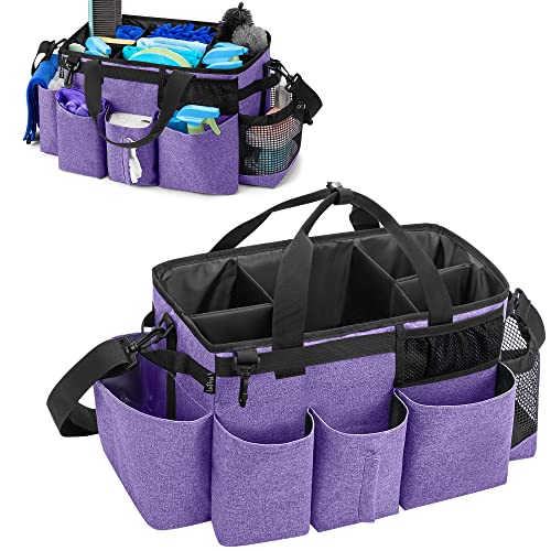 LoDrid Wearable Cleaning Caddy Bag with 4 Foldable Dividers, Cleaning Supply Tote for Cleaning Supplies, Cleaning Organizer with Shoulder Strap and Side Handles for Cleaners & Housekeepers, Purple - color: Purple