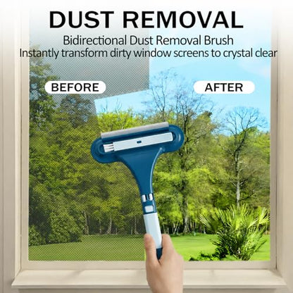 Window Screen Cleaning Brush, 3 in 1 Window Screen Cleaner Brush with Squeegee and Detachable Long Handle,Wet Dry Dual-Use Mesh Screen Cleaner Tool for Dusty Corners, Patio Door Porch Screens(Blue)