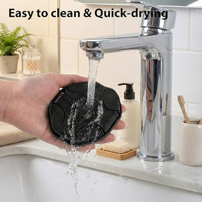 MtBoi 2 Pack Silicone Exfoliating Body Scrubber with Handle, Soft Silicone Loofah for Sensitive Skin, Body Brush & Shower Head Massager with Hanging Loop, Easy to Clean, Rich Lather (Black&Purple) - color: Black&purple