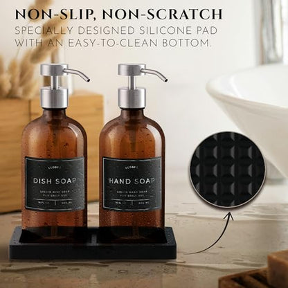 Glass Soap Dispenser Set of 2 (Amber) with Silicone Tray | Hand and Dish Soap Dispenser for Kitchen and Bathroom | 16.8 Oz Glass Bottles with Stainless Steel Pump & 15 Waterproof Labels (Amber/Silver) - color: Amber/Silver