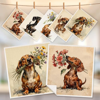 5 Pcs Cute Dachshund & Flower Swedish Dishcloths, Puppy Themed Swedish Dishcloth, Artistic Dish Cloths for Drying Dishes, Reusable Cleaning Cloths, Housewarming Gifts for Women - color: Lm 04242