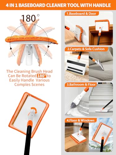 4-in-1 Baseboard Cleaning Tool with Extendable Handle 5 Reusable Pads 1 Carpet Rake Stiff Bristle Brush Multi-Surface Baseboard Brush for Cleaning Baseboard Wall Carpet Floor Bathroom Kitchen Pet Hair
