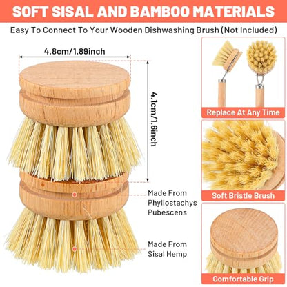 12 Pcs Bamboo Dish Brush Replacement Heads, Small Wooden Dish Brushes for Cleaning Natural Sisal Bristle Refills Eco Friendly Wood Compostable Scrubber Heads for Kitchen Dishes Cleaning Supplies