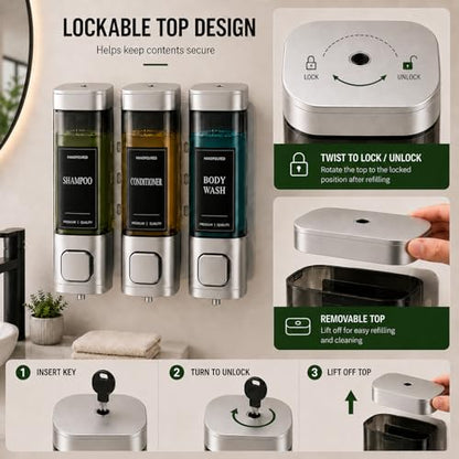 Shampoo and Conditioner Dispenser, Shower Soap Dispenser Wall Mounted, Shower Dispenser 3 Chamber No Drill for Bathroom Large Capacity (Silver) - color: Sliver