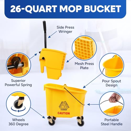 Plexon Commercial Mop Bucket with Wringer on Wheels - 26 Quart, Yellow - Heavy Duty Industrial Mop Bucket and Wringer, Side-Press Bucket with Wringer Set for Home Office Restaurant Business