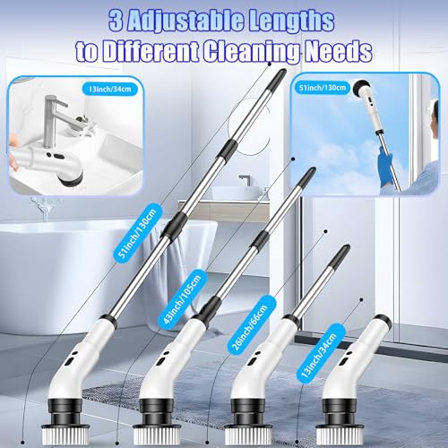 Electric Spin Scrubber, Cordless Bathroom Scrubber Brush with 9 Replaceable Heads,3-Speed Electric Scrubber with Adjustable Handle,IPX7 Shower Scrubber for Bathroom Tile,Kitchen Countertop,Car Trunk