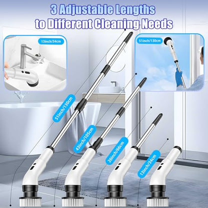 Electric Spin Scrubber, Cordless Bathroom Scrubber Brush with 9 Replaceable Heads,3-Speed Electric Scrubber with Adjustable Handle,IPX7 Shower Scrubber for Bathroom Tile,Kitchen Countertop,Car Trunk
