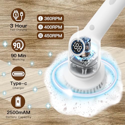 Electric Spin Scrubber, Cordless Cleaning Brush with 8 Replaceable Brush Heads, 3 Adjustable Bathroom Scrubber Speed Up to 450 RPM - color: Black