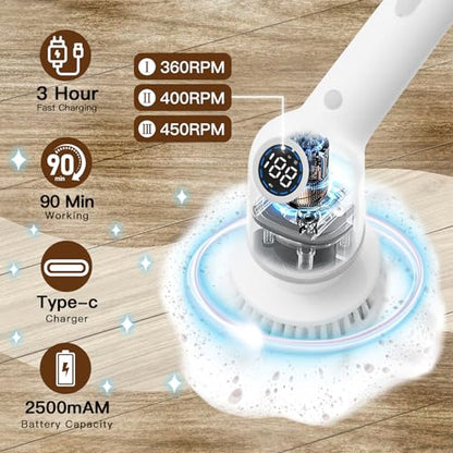 Electric Spin Scrubber, Cordless Cleaning Brush with 8 Replaceable Brush Heads, 3 Adjustable Bathroom Scrubber Speed Up to 450 RPM - color: Black