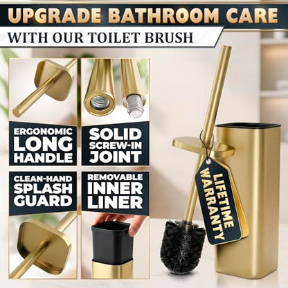 Gold Toilet Brush with Square Holder - Toilet Brush and Holder Set Gold, Stainless Steel Handle with Splash Shield, Replaceable Head and Removable Inner Cup - Freestanding Bathroom Toilet Cleaning Set - color: Gold Rounded Square