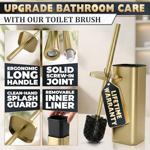 Gold Toilet Brush with Square Holder - Toilet Brush and Holder Set Gold, Stainless Steel Handle with Splash Shield, Replaceable Head and Removable Inner Cup - Freestanding Bathroom Toilet Cleaning Set - color: Gold Rounded Square