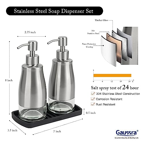 Gaussra Kitchen Soap Dispenser Set with Silicone Tray and Stickers - Brushed Nickel, Stainless Steel Glass Soap Dispenser Bathroom, Refillable Hand Dish Dispenser for Kitchen Sink - color: Brushed Nickel 2 & Tray