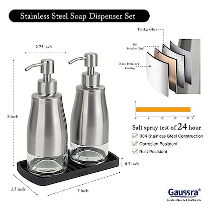 Gaussra Kitchen Soap Dispenser Set with Silicone Tray and Stickers - Brushed Nickel, Stainless Steel Glass Soap Dispenser Bathroom, Refillable Hand Dish Dispenser for Kitchen Sink - color: Brushed Nickel 2 & Tray