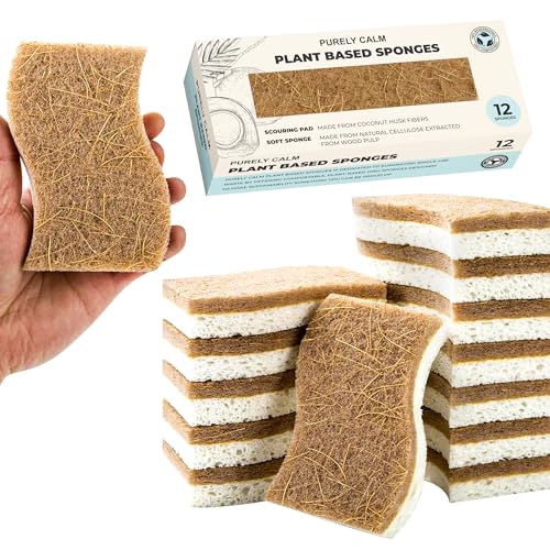 Plant Based Natural Sponge - Pack of 12 Cellulose Sponges, Safe on Non-Stick Cookware, Dual Sided Dish Sponge for Washing Dishes, Kitchen and Household