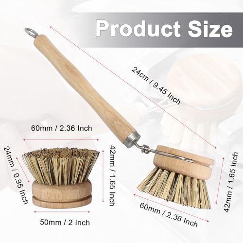 Wooden Dish Brush Set, 4 Natural Bristle Replacement Heads with 1 Sturdy Wooden Handle, Palm Kitchen Scrub Brush for Pots, Pans, Vegetables and Cookware - size: Hard