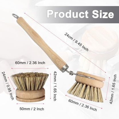 Wooden Dish Brush Set, 4 Natural Bristle Replacement Heads with 1 Sturdy Wooden Handle, Palm Kitchen Scrub Brush for Pots, Pans, Vegetables and Cookware - size: Hard