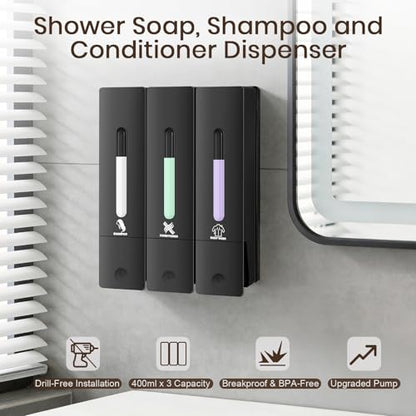 3 Chamber Shampoo and Conditioner Dispenser, No Drill - Wall Mounted Shower Soap Dispenser, Refillable Body Wash Dispenser Set 3, 1200ML Large Capacity, for Bathroom & Hotel, Black - color: Black Set of 3