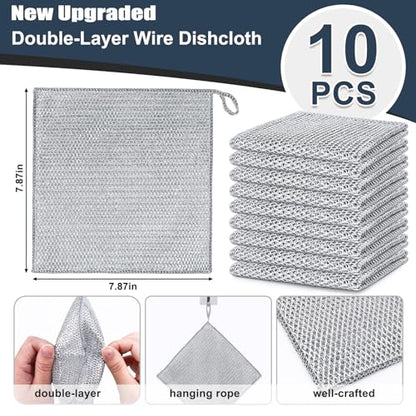 Navona 10 Pcs New Upgrade Steel Wire Dishcloth,Double-Layer Steel Wire Cleaning Cloth,Powerful Cleaning Non-Scratch Wire Dishcloth Rag for Cookware, Sinks, Dishes, Stove Tops - color: 10-pack（double Layer）