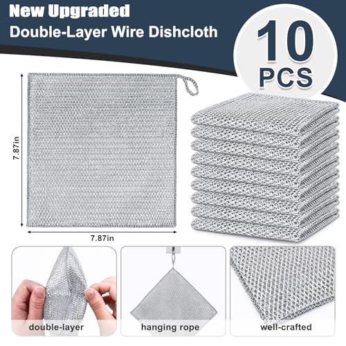 Navona 10 Pcs New Upgrade Steel Wire Dishcloth,Double-Layer Steel Wire Cleaning Cloth,Powerful Cleaning Non-Scratch Wire Dishcloth Rag for Cookware, Sinks, Dishes, Stove Tops - color: 10-pack（double Layer）