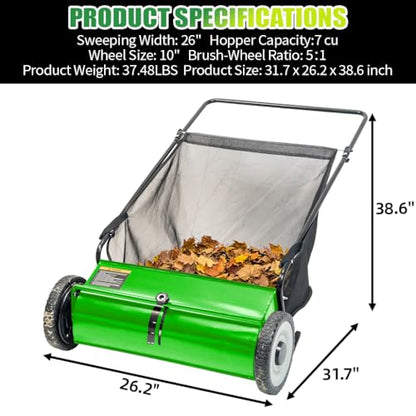 PPOLB 26" Push Lawn Sweeper, 7 cu.ft Large Capacity Yard Sweeper Push, 5:1 High-Density 4 Brushes, Adjustable Height, Heavy Duty Leaf Collector with Detachable Hopper, Rubber Wheels, Ergonomic Handle - color: Green