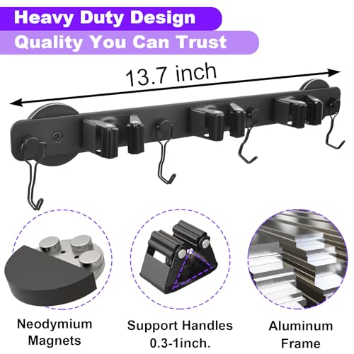 Heavy Duty Magnetic Mop Broom Holder, Srtong Magnetic Utensil Rack with 5 Hooks
