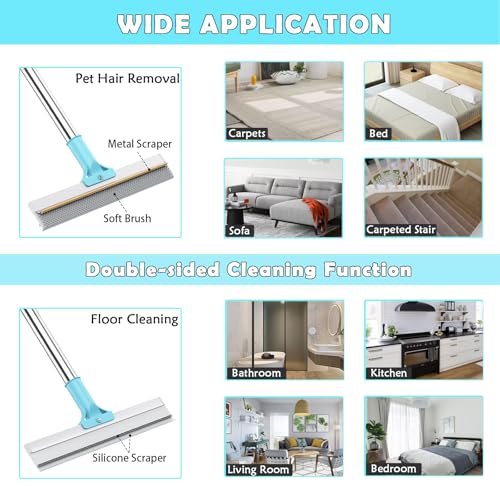 Hotsky Carpet Rake for Pet Hair Removal,3 in 1 Reusable Silicone Carpet Broom,54 inch Adjustable Cat Dog Hair Remover Tool with Lint Scraper and Patented Design for Rugs,Mats,Sofas,Floors