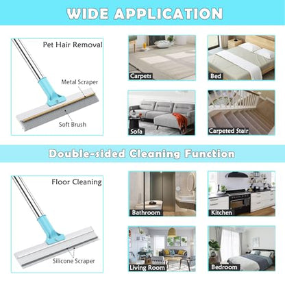 Hotsky Carpet Rake for Pet Hair Removal,3 in 1 Reusable Silicone Carpet Broom,54 inch Adjustable Cat Dog Hair Remover Tool with Lint Scraper and Patented Design for Rugs,Mats,Sofas,Floors