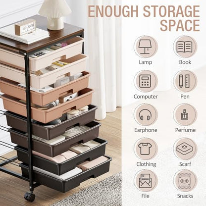 TOOLF Rolling Carts with Wheels, 8-Drawer Utility Cart, Wooden Tabletop Storage Cart for Office, Arts & Crafts, Classroom, Bedroom, Brown - color: Brown