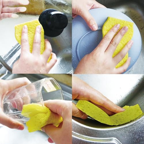 Cellulose Sponges Kitchen, for Washing Dishes, in Bulk, 24 Pack (3 Count x 8 Individually Wrapped + 2 Free Scouring Pads), 100% Natural Biodegradable - style: 24 Pack