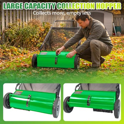 PPOLB 26" Push Lawn Sweeper, 7 cu.ft Large Capacity Yard Sweeper Push, 5:1 High-Density 4 Brushes, Adjustable Height, Heavy Duty Leaf Collector with Detachable Hopper, Rubber Wheels, Ergonomic Handle - color: Green