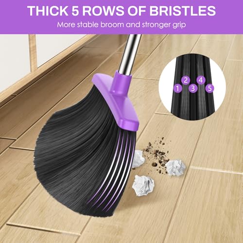 Broom and Dustpan Set for Home, 51-in Long Adjustable Handle Angle Broom and Dustpan Combo Set with Dust Pan Teeth to Clean Hair for Home Kitchen Office Lobby Floor Garden, Purple - color: Purple