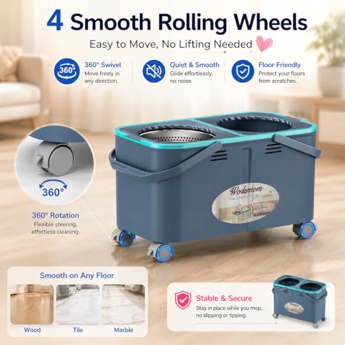 2026 Upgraded Gen 2 Spin Mop and Bucket Set with 4 Swivel Wheels for Easy Rolling, Separates Clean & Dirty Water, Floor Mop with 6 Washable Mop Heads for Wood, Tile, Vinyl, Baseboards - Grey/Blue - size: Grey/Blue Mop Bucket + 6 Extra Refill
