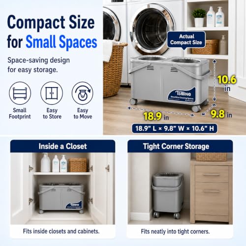 RinseWise Compact Gen 1 Spin Mop and Bucket with Wringer, 1.5 Gal Clean Water Capacity, Clean & Dirty Water Separation, 4 Swivel Wheels, 61" Long Handle, 6 Mop Heads for Daily Floor Cleaning
