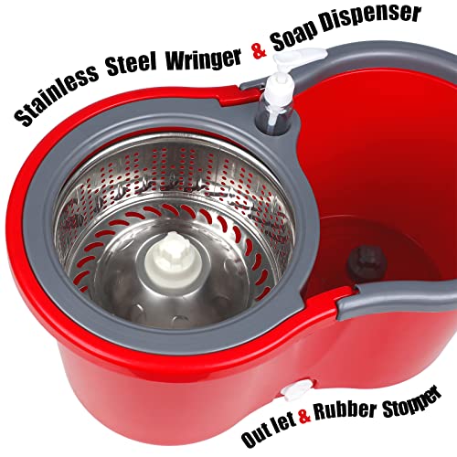 Spin Mop and Bucket, Microfiber Spin Mop & Bucket Floor Cleaning System, Spin Mop Kit with 3 Mop Heads, Mop with Stainless Steel Wringer, 61 inches Telescoping Mop Rod (Red) - color: Red