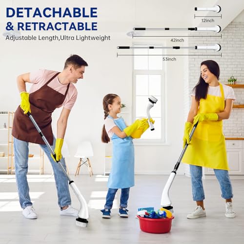 Electric Spin Scrubber,Cordless Bathroom Cleaning Brush with Replaceable Heads & Adjustable Extension Long Handle,Dual Speeds Power Shower Scrubber for Tile,Bathtub,Floor,Kitchen (White)