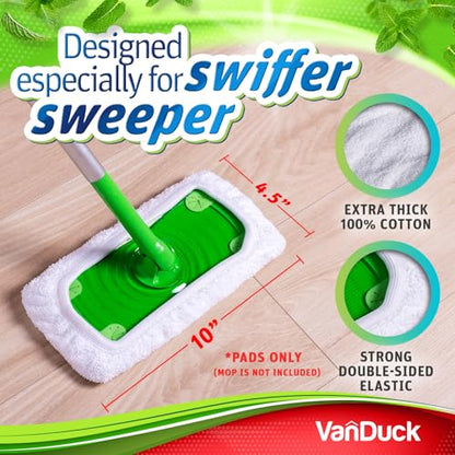 VanDuck Reusable 100% Cotton Mop Pads for Swiffer Sweeper (4-Pack) | Mop not included, reusable terry cloth mop covers, cotton replacement refills, machine washable wet mopping pads - color: Wet&dry (White), size: 4 Count (Pack of 1)