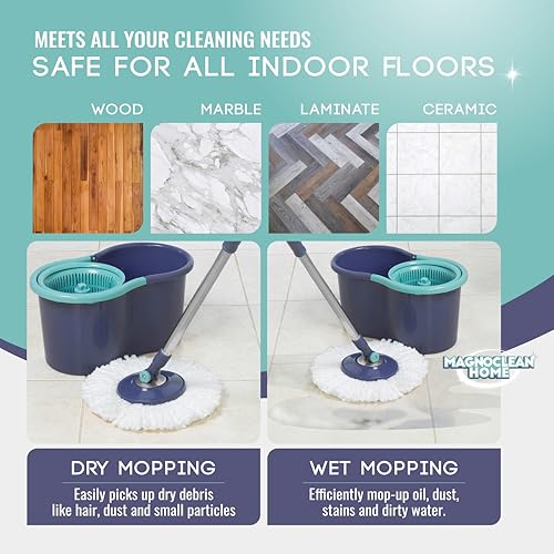 Spin Mop Bucket Set, 5.8L Hands-Free Wringer, Adjustable Stainless Steel Handle, Safe for All Indoor Floors, Includes 2 Replacement Microfiber Mop Heads, Blue