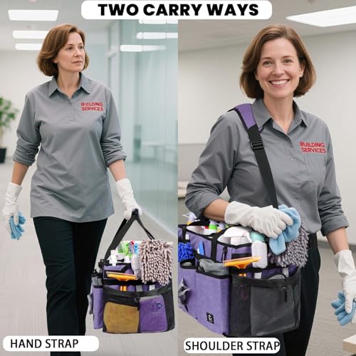 Extra large Cleaning Caddy Bag Built-in Sturdy Support Board, Cleaning Organizer with Detachable Divider, Cleaning Supply Tote with Adjustable Shoulder Strap (Purple, 19'' x 11'' x 11'') - color: Purple