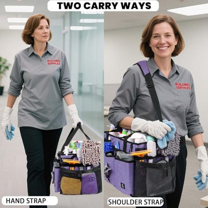 Extra large Cleaning Caddy Bag Built-in Sturdy Support Board, Cleaning Organizer with Detachable Divider, Cleaning Supply Tote with Adjustable Shoulder Strap (Purple, 19'' x 11'' x 11'') - color: Purple