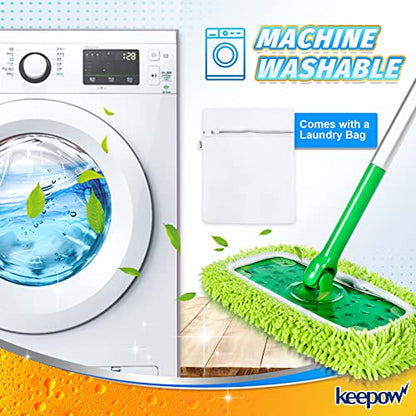 KEEPOW 2 Pack Reusable Chenille Microfiber Mop Pads Compatible with Swiffer Sweeper, Washable Dry Sweeping Cloths and Wet Mopping Refills with Mesh Laundry Bag - color: 2 Pack, Green